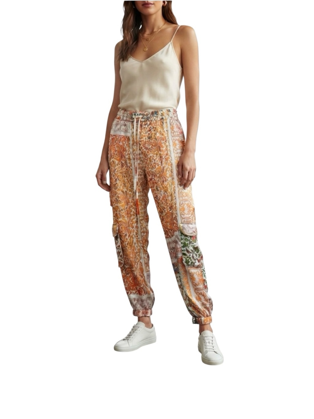Johnny Was Biya Silk Orange Patchwork Print Jogger Pants Size XL